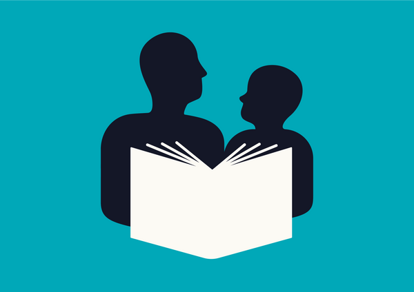 Grafik zwei Menschen als schwarze Ssilhouette, davor ein weißes aufgeschlagenes Buch